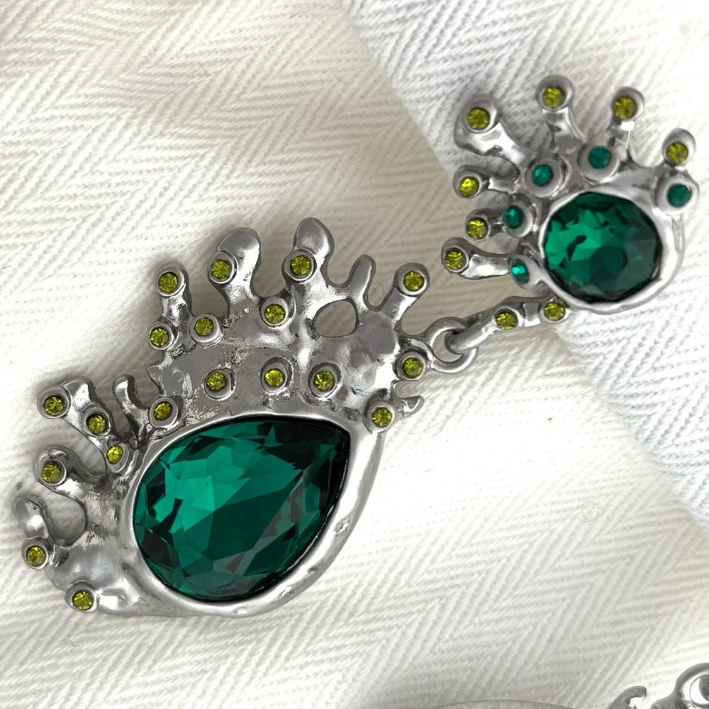 Oscar de la Renta • Silver Emerald Green Crystal Cactus Drop Post Earrings
